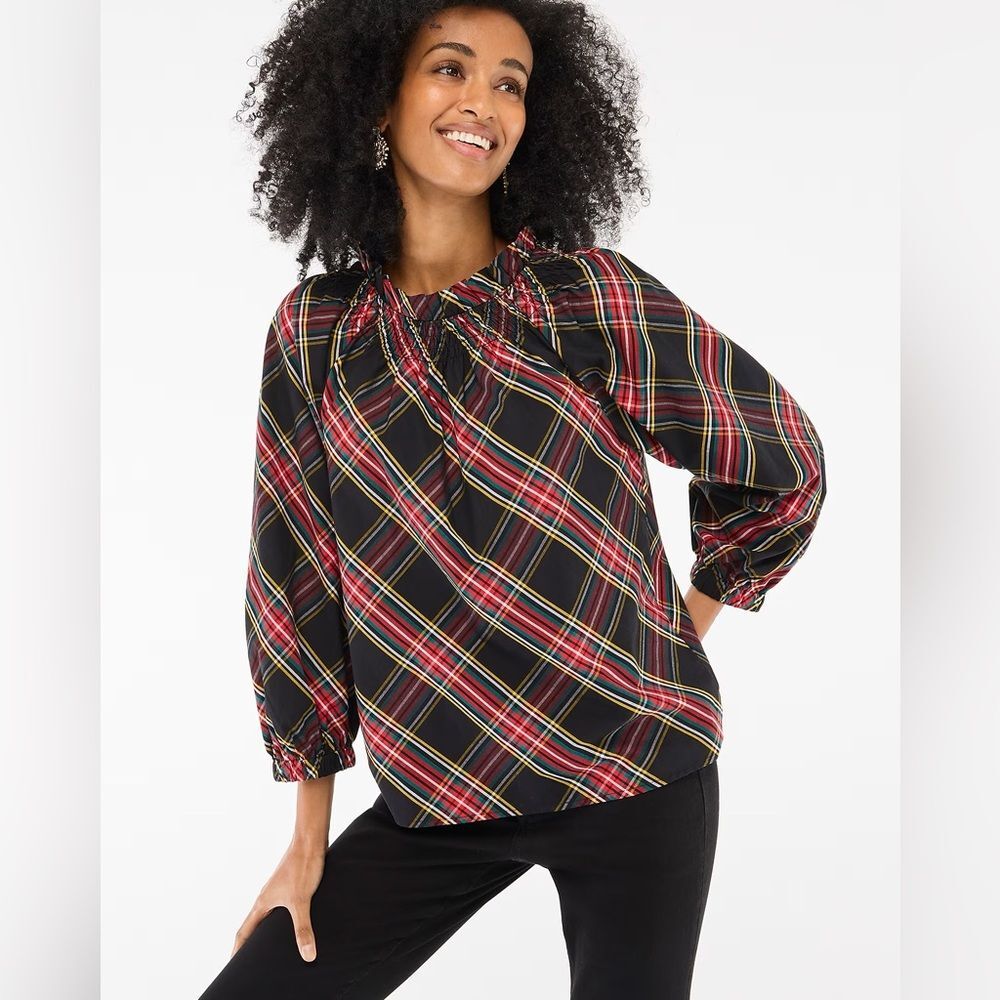 J Crew Factory women’s Tartan smocked top black red Size XXS NWOT